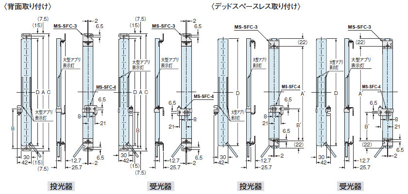 SF4C-□ 多用途金具MS-SFC-3(別売)と多用途金具用中間保持金具MS-SFC-4(別売)を装着した場合